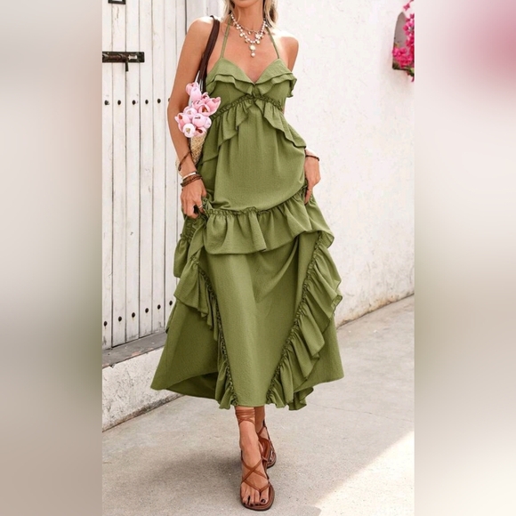 New Strappy Tie Tiered Ruffle Cami Maxi Dress Green - Picture 6 of 10